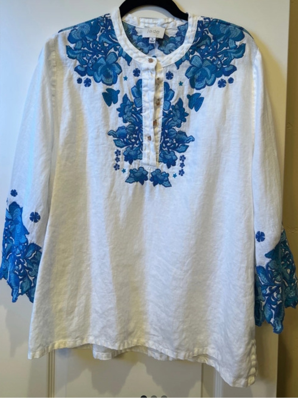 Jade White Tunic Blouse with Blue Embroidery